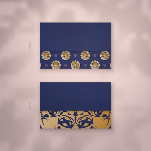 Presenteerbaar visitekaartje in donkerblauw met vintage gouden ornamenten voor uw persoonlijkheid.