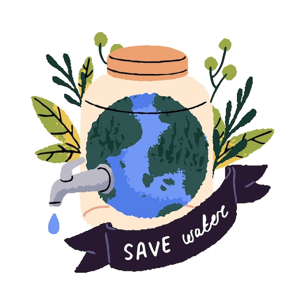 Preservation of ocean Save ecology of globe Environment protection conservation of aqua Liquid dropping from jar tap World water day concept Flat isolated drawing vector illustration on white