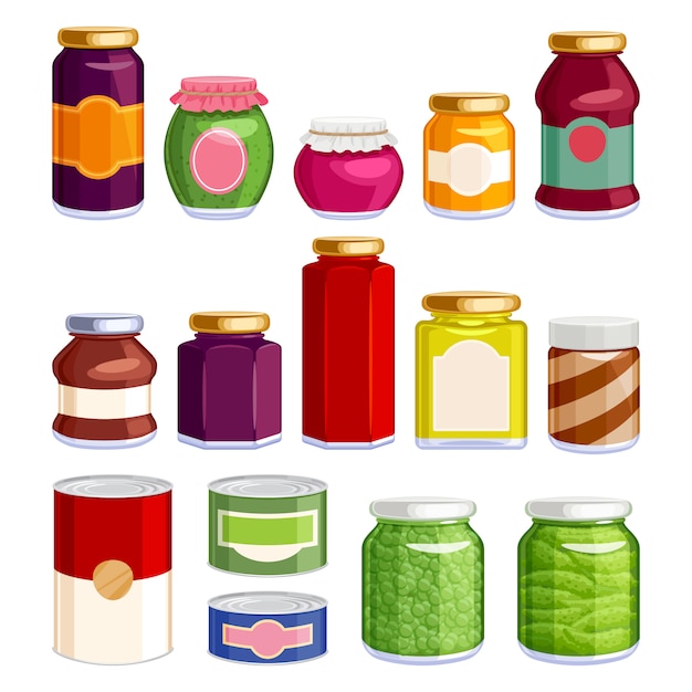 Vector preserved food in jars and cans.