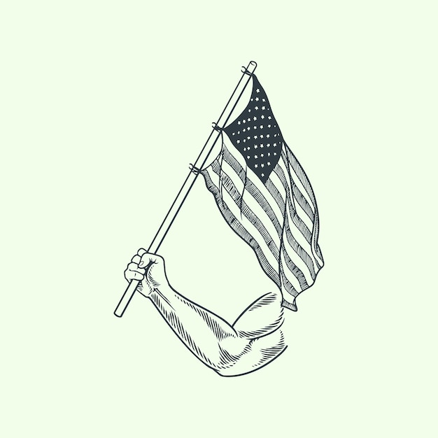 President Day met de hand getekende vintage elementen met de hand houden Amerikaanse vlag geïsoleerd op witte achtergrond
