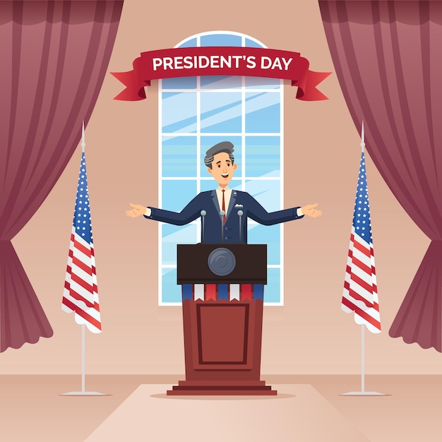 Vettore president's day people speech on the podium stage indoor cartoon illustration vector