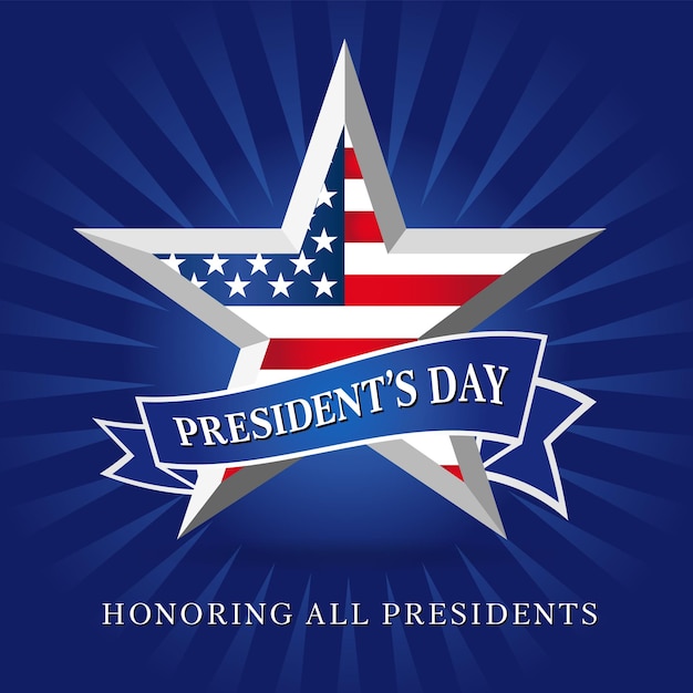 Presidenten dag USA 3D facet ster met vlag achtergrond en lint. Vector illustratie