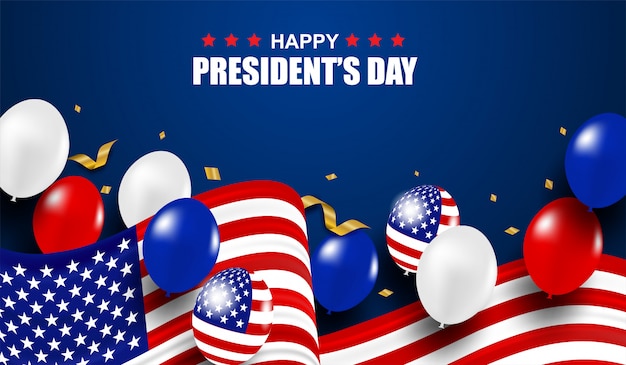 Presidenten day usa. achtergrond. ontwerp met ballonnen, amerikaanse vlag en gouden confetti.