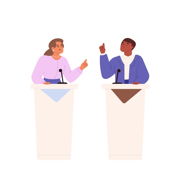 Президентские или политические дебаты Диалог между мужчиной и женщиной, стоящими на трибунах
