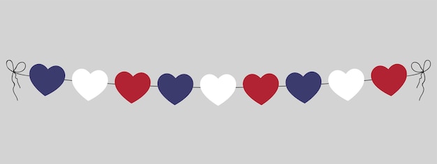 Presidents day usa vlag harten garland string van blauwe rode en witte harten decoratie vectorillustratie