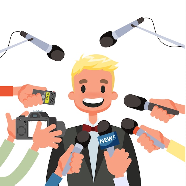 Vector press conference concept. journalist with the microphone