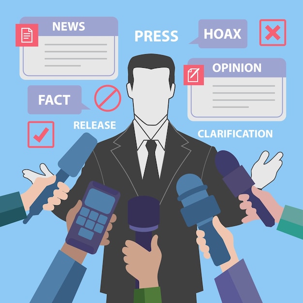 Vector press conference to a figure with many journalist microphones illustration design