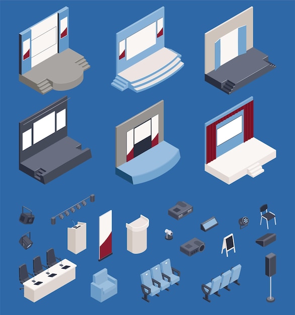 Vector press conference hall constructor isometric icons set including tribune chairs and presentation equipment isolated vector illustration