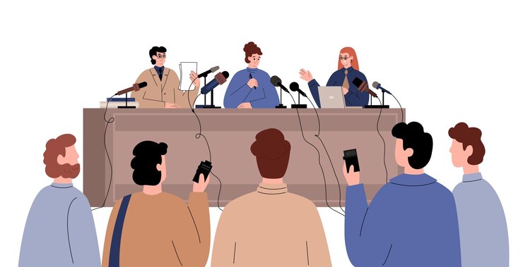 Пресс-конференция, интервью, плоские векторные иллюстрации, выступления спикеров с микрофоном на презентации