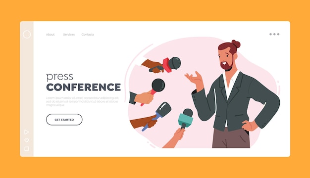 Press conference landing page template. businessman, celebrity or politician character gives interview and sharing opinion with newspaper journalists with microphones. cartoon vector illustration