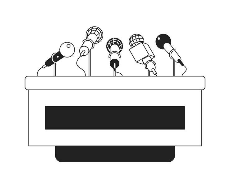 Vector press conference podium microphones black and white 2d cartoon object public speaking media briefing isolated vector outline item public relations monochromatic flat spot illustration