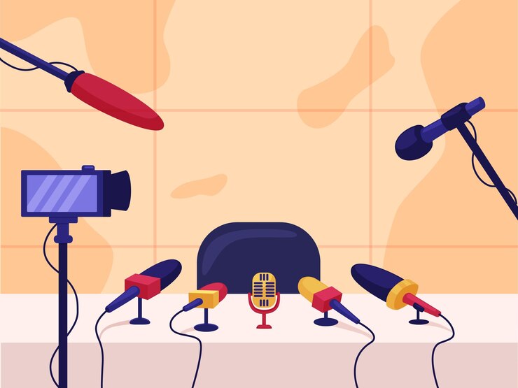 Vector press conference studio pressmedia room debate microphones on table and cameras empty interview place for speaking nowaday vector scene