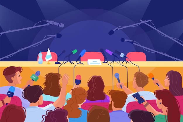 Vector press conference table crowd journalists with microphones in speech auditorium empty scene for news report interview politician forum or media person swanky vector illustration