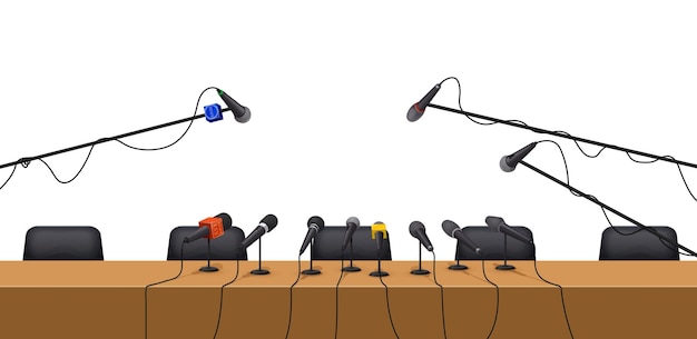 Press conference table interior with microphones Politics debate public speaker speech or announcement live broadcast vector backdrop Television press conference or news interview concept or cover