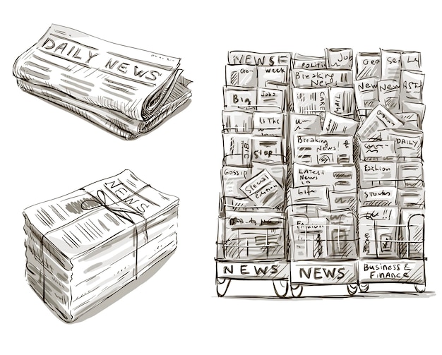 Press. Newspaper stand. Newsstand. Vector illustration. Hand drawn.