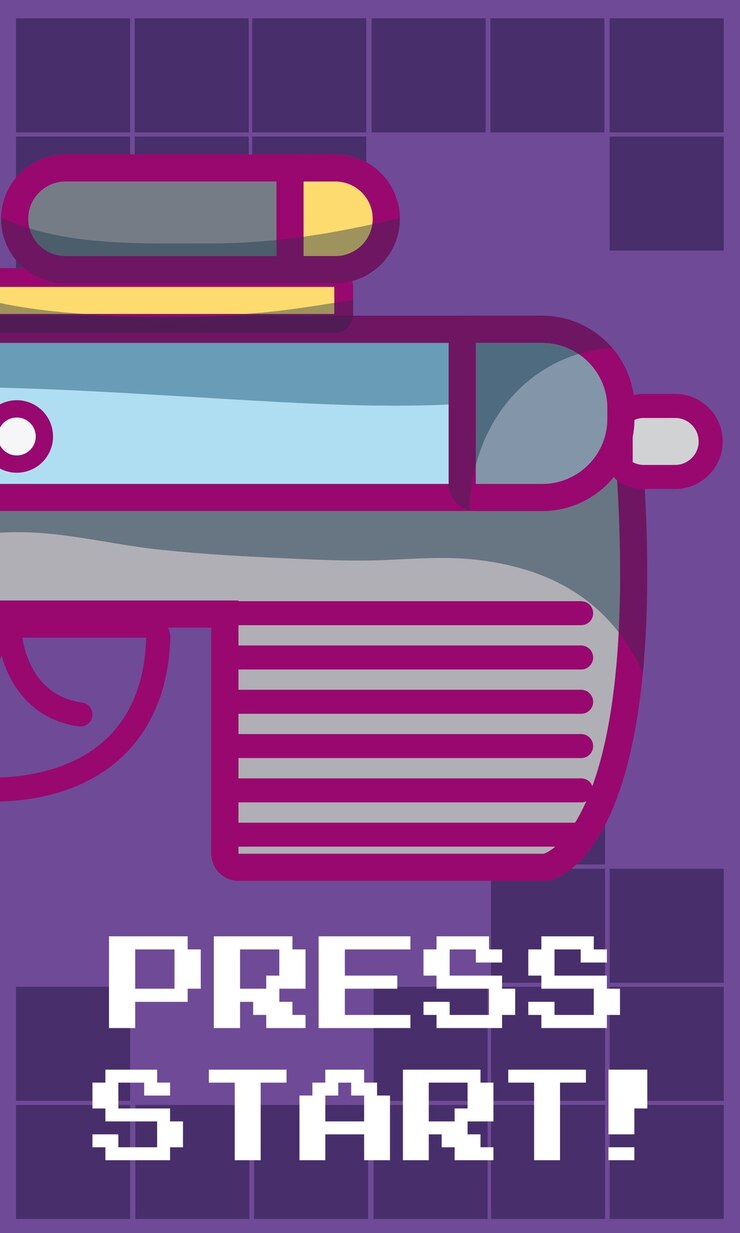 Vector press start videogame banner with handgun vector illustration graphic design
