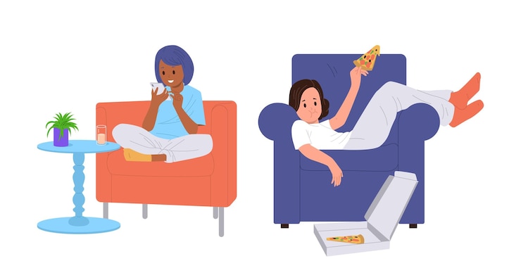Vector preteen lazy relaxed girls cartoon characters chatting friends in social media and eating pizza