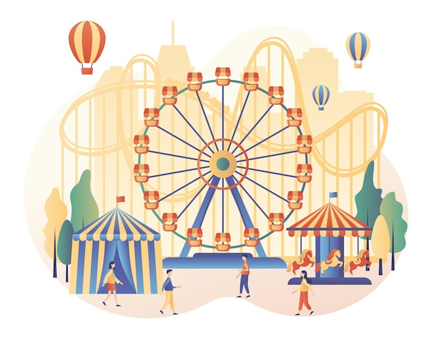 Vector pretpark concept kleine mensen met carrousels achtbaan luchtballon circus kermis en carnaval moderne platte cartoon stijl vectorillustratie op witte achtergrond