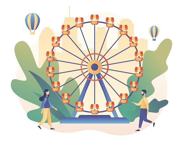 Vector pretpark concept kleine mensen met carrousels achtbaan luchtballon circus kermis en carnaval moderne platte cartoon stijl vectorillustratie op witte achtergrond