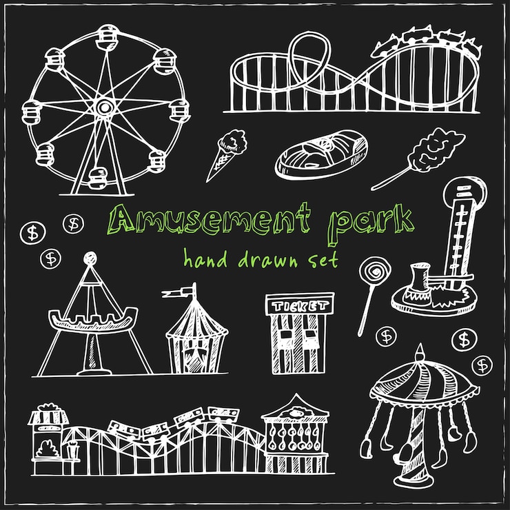 Pretpark hand getrokken doodle set