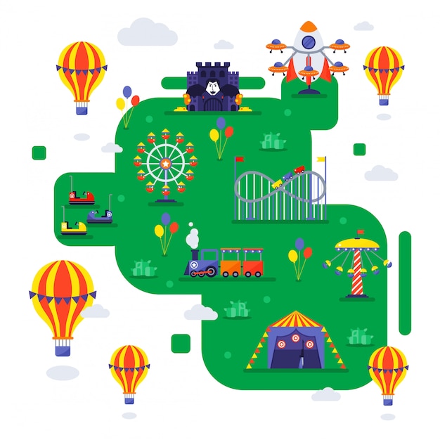 Pretpark illustratie. zomerbeurskaart in vlakke stijl, carrousel-, trein- en achtbaanlocatie. kermisuitnodiging, kermisregeling