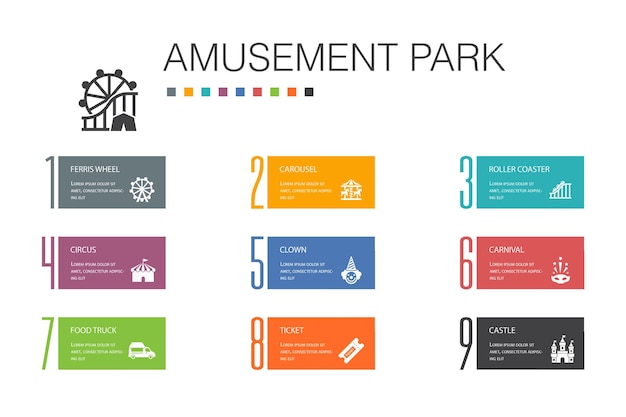 Pretpark infographic 10 optie lijn concept. reuzenrad, carrousel, achtbaan, carnaval eenvoudige pictogrammen