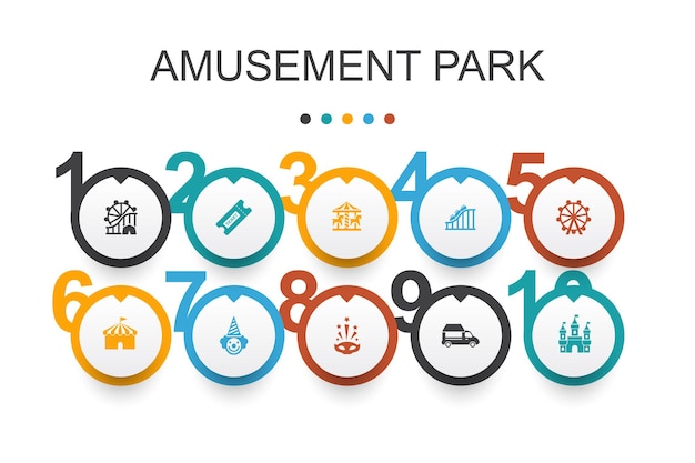 Pretpark infographic ontwerpsjabloon. reuzenrad, carrousel, achtbaan, carnaval eenvoudige pictogrammen