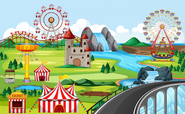 Pretpark met brug en vele attracties themalandschap
