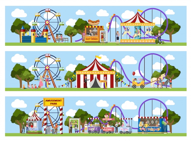 Pretpark met circustent, carrousels en clowns.