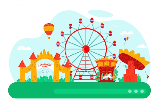 Pretpark met leuke carrousel, illustratie. cartoon ballon, fair wheel attractie en entertainment concept. carnaval kasteel op festival stad, speeltuin landschap.