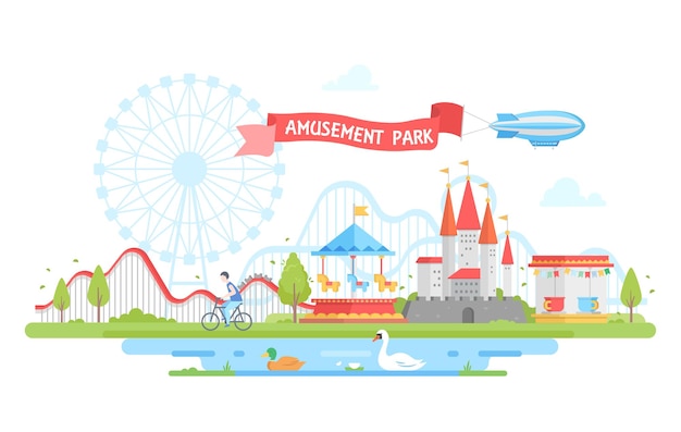 Pretpark - moderne platte ontwerp stijl vectorillustratie. Prachtig uitzicht met draaimolens, draaimolen, kasteel, huizen, fietser, vijver met zwaan en eend. Entertainmentconcept