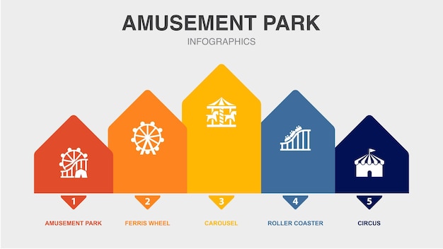 Pretpark reuzenrad carrousel achtbaan circus pictogrammen infographic lay-out ontwerpsjabloon creatief presentatieconcept met 5 stappen