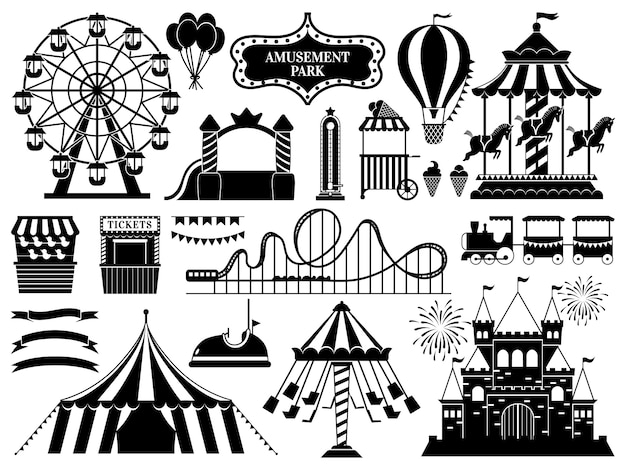 Pretpark silhouet. carnaval parken carrousel attractie, leuke achtbaan en reuzenrad attracties iconen set