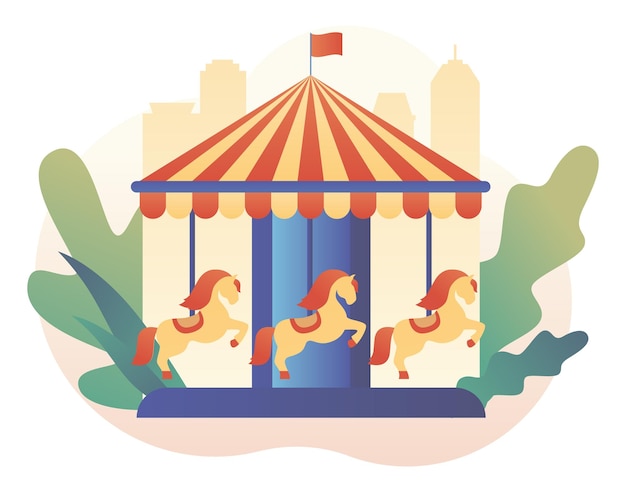 Pretparkconcept Carrousel met paarden Moderne platte cartoonstijl Vectorillustratie op witte achtergrond