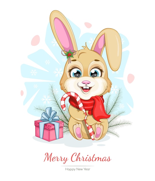 Prettige kerstdagen en een gelukkig nieuwjaarskaart met een grappig konijntje