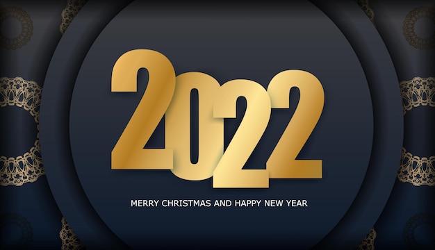 Prettige kerstdagen en gelukkig nieuwjaar 2022 flyer-sjabloon in zwarte kleur met luxe gouden patroon
