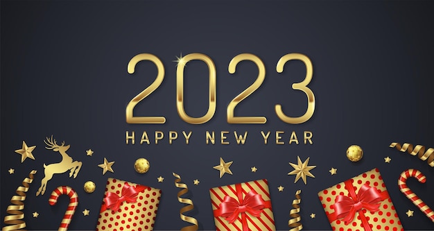 Prettige kerstdagen en gelukkig nieuwjaar 2023 bannergeschenken, glitterballen, sterren en lint