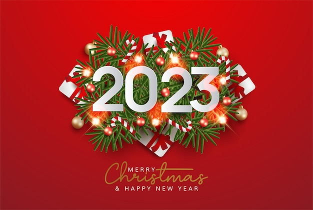Vector prettige kerstdagen en gelukkig nieuwjaar 2023 op rode achtergrond