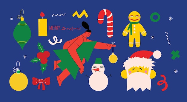 Prettige kerstdagen en gelukkig Nieuwjaar 2023 Trendy abstracte vectorillustraties van kerstkaart met santa claus herten gekke geometrische vormen kerstboom en krans voor poster