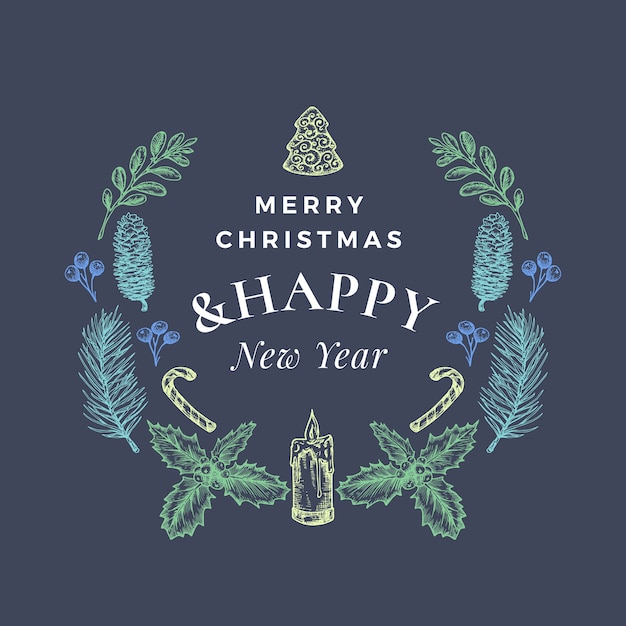 Prettige kerstdagen en gelukkig Nieuwjaar abstracte wenskaart of banner met kerstkrans en retro typografie