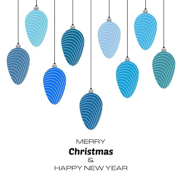 Prettige kerstdagen en gelukkig Nieuwjaar achtergrond met blauwe kerstballen. Vectorachtergrond voor uw wenskaarten, uitnodigingen, feestelijke posters.