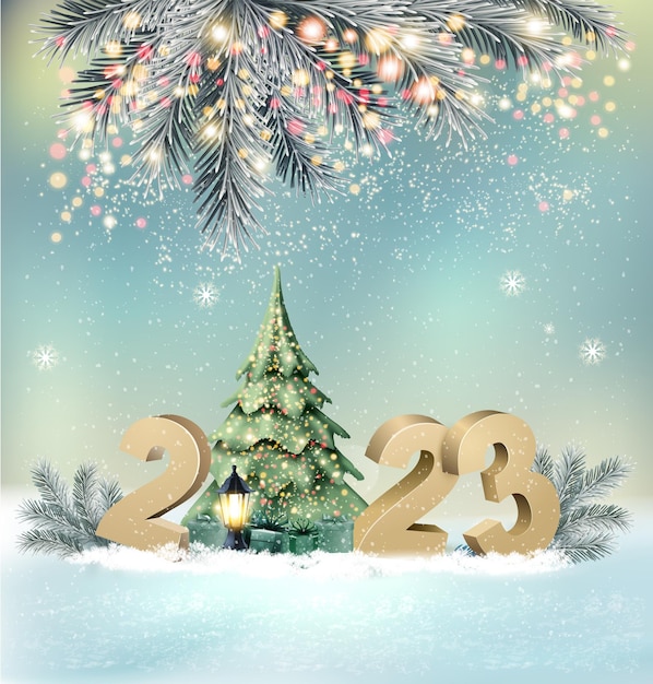 Prettige kerstdagen en gelukkig Nieuwjaar achtergrond met een abstracte kerstboom van 2023 letters en gloeiende kerstboomverlichting