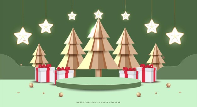 Prettige kerstdagen en gelukkig nieuwjaar banner. minimale mock-upscène met studiopodium om productweergave te tonen. 3d vector boom kerstmis, geschenkdozen en feestelementen.