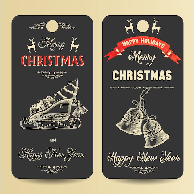 Prettige kerstdagen en gelukkig nieuwjaar banners met hand getrokken symbolen van kerstmis