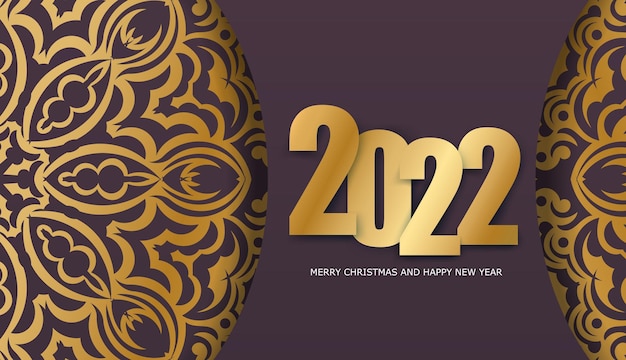 Prettige kerstdagen en gelukkig nieuwjaar bordeaux kleur folder sjabloon 2022 met vintage gouden ornament