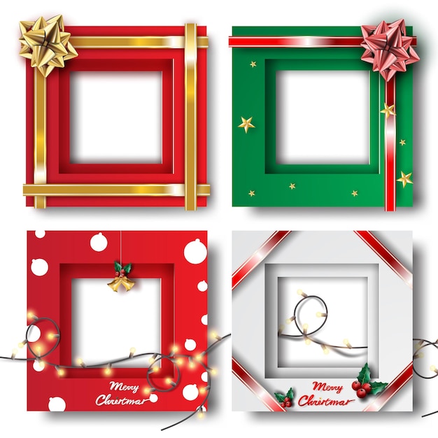 Prettige kerstdagen en gelukkig Nieuwjaar frame foto randontwerp ingesteld op transparantie achtergrond. Creatieve origami papier knippen en ambachtelijke stijl. Vakantie decoratie cadeaubon. Winter seizoen vectorillustratie