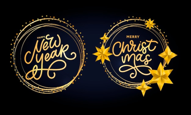 Prettige kerstdagen en gelukkig nieuwjaar handgeschreven moderne borstel belettering in gouden frame