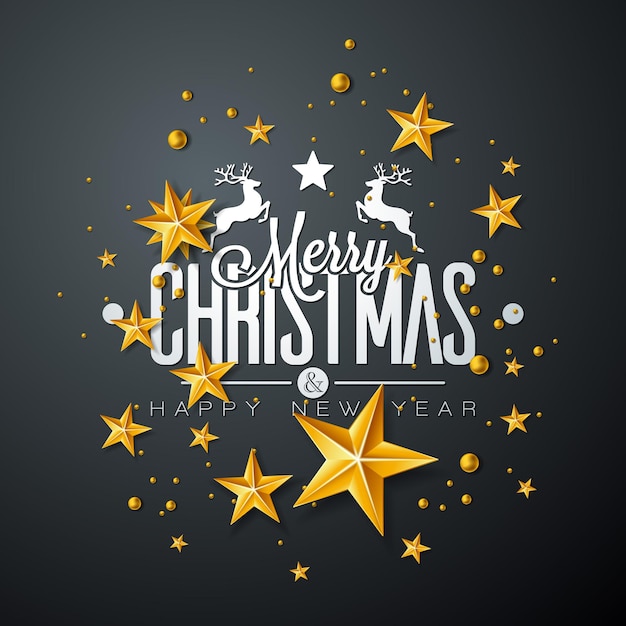 Prettige kerstdagen en gelukkig nieuwjaar illustratie met gouden glazen bol ster en typografie elementen
