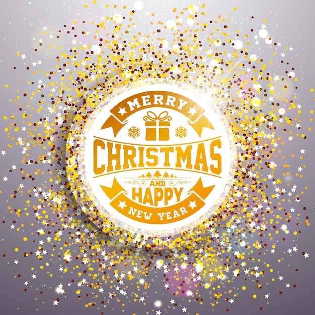 Prettige kerstdagen en gelukkig Nieuwjaar illustratie met typografie ontwerp op glanzende, glinsterde achtergrond