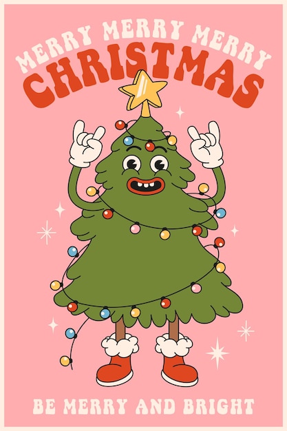 Prettige kerstdagen en gelukkig nieuwjaar kerstboom in trendy retro cartoonstijl